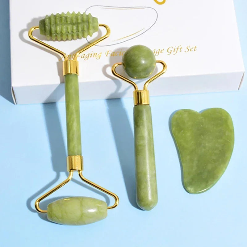 Natural Jade Roller + Gua Sha Natural Stone