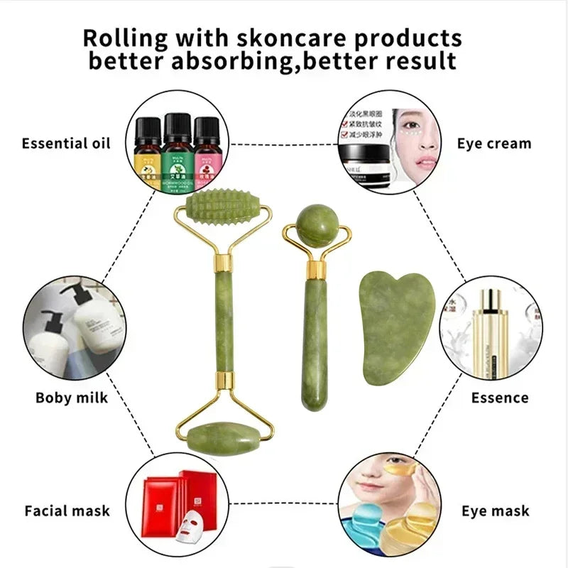 Natural Jade Roller + Gua Sha Natural Stone