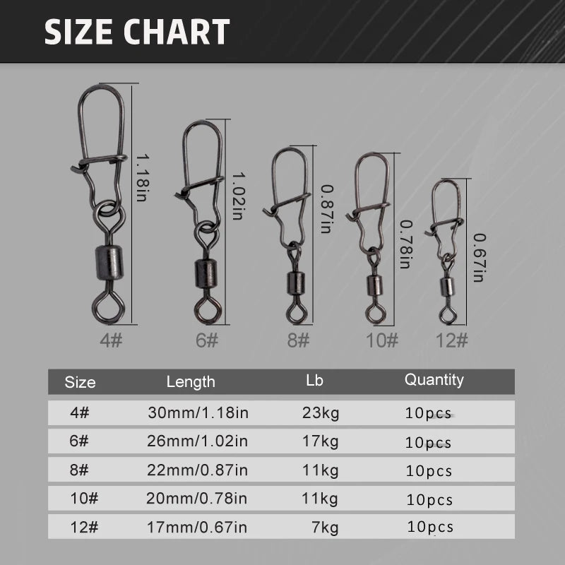 50pc/box Stainless Steel Fishing Swivel with Snap Fishhook