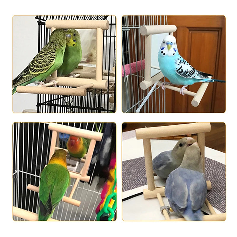 Wooden Bird Mirror With Perch