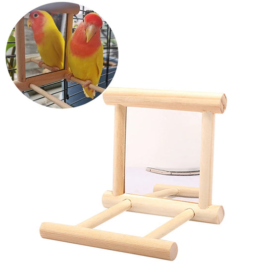 Wooden Bird Mirror With Perch