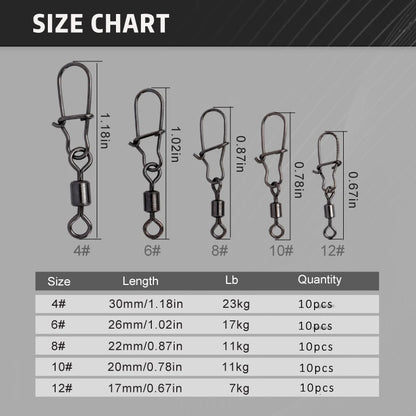 50pc/box Stainless Steel Fishing  Swivel with Snap Fishhook