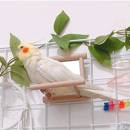 Wooden Bird Mirror With Perch
